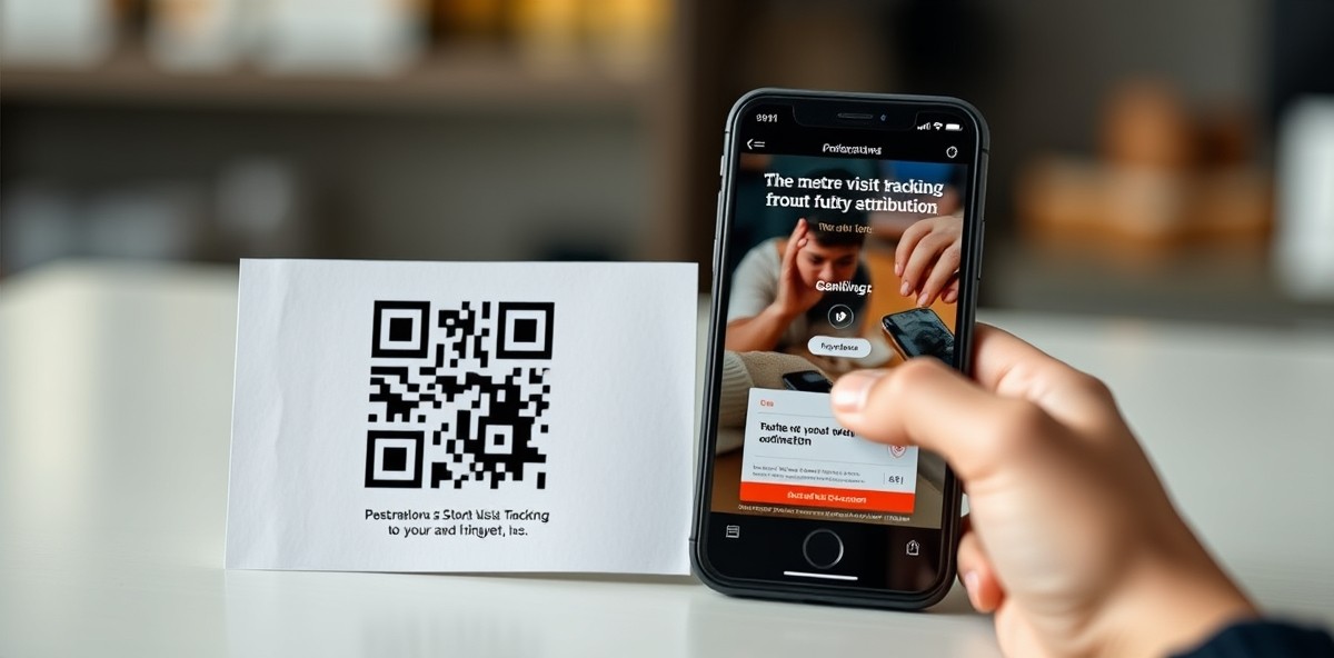 How to Measure Store Visit Tracking From Postcards Without Fuzzy Attribution: a postcard with a QR code beside a smartphone showing a landing page concept.