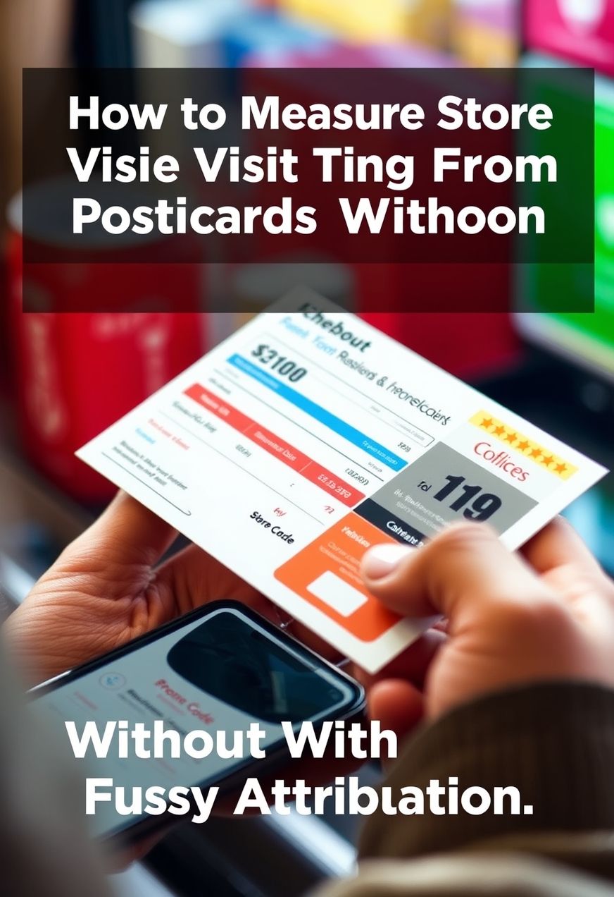 How to Measure Store Visit Tracking From Postcards Without Fuzzy Attribution: a promo-code postcard near a checkout screen concept on a phone.
