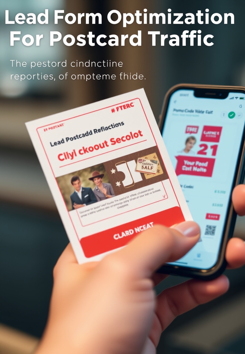 Lead Form Optimization For Postcard Traffic for Better Postcard Reporting and Optimization: a promo-code postcard near a checkout screen concept on a phone.