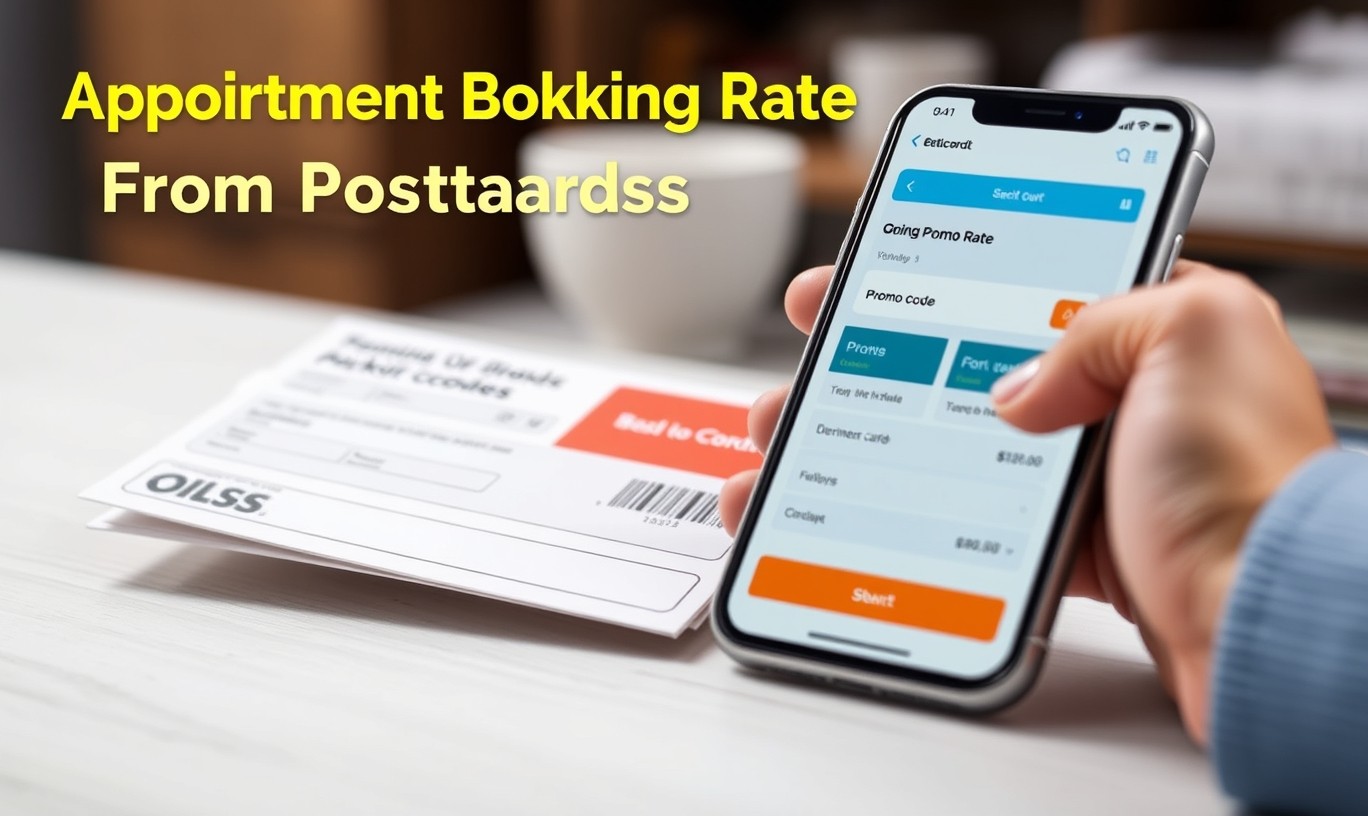 Appointment Booking Rate From Postcards: The Tracking Guide for Measurable Postcard ROI: a promo-code postcard near a checkout screen concept on a phone.
