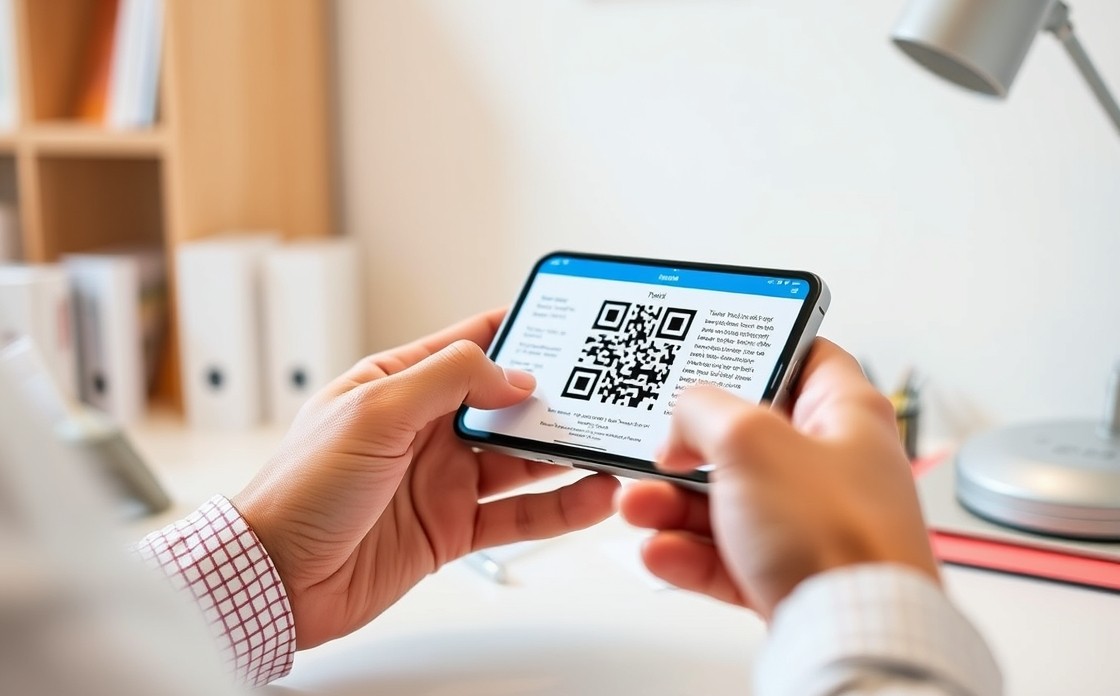 Postcard ROI Calculators for Better Postcard Reporting and Optimization: a hand scanning a postcard QR code with a phone in a clean desk scene.