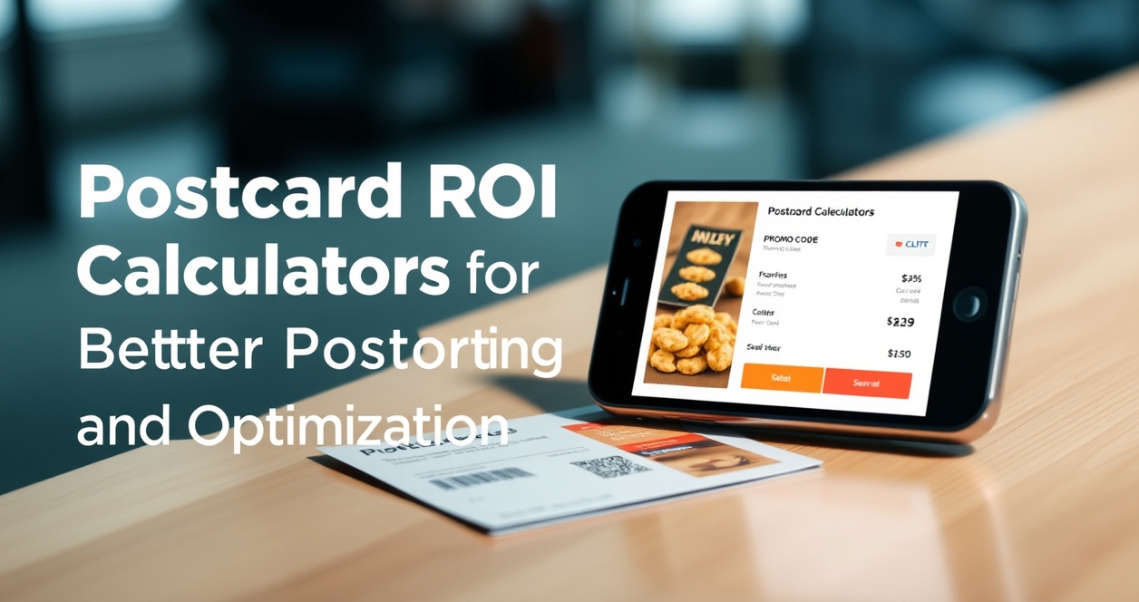 Postcard ROI Calculators for Better Postcard Reporting and Optimization: a promo-code postcard near a checkout screen concept on a phone.