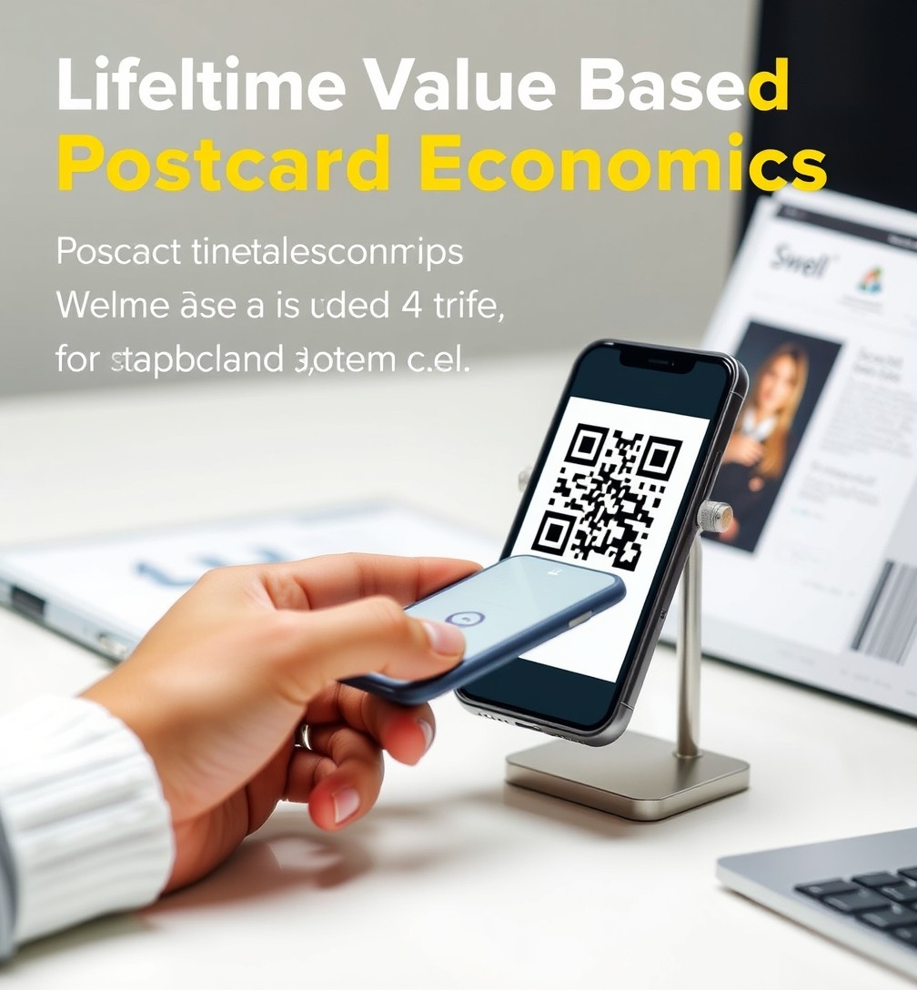 Lifetime Value Based Postcard Economics: The Tracking Guide for Measurable Postcard ROI: a hand scanning a postcard QR code with a phone in a clean desk scene.