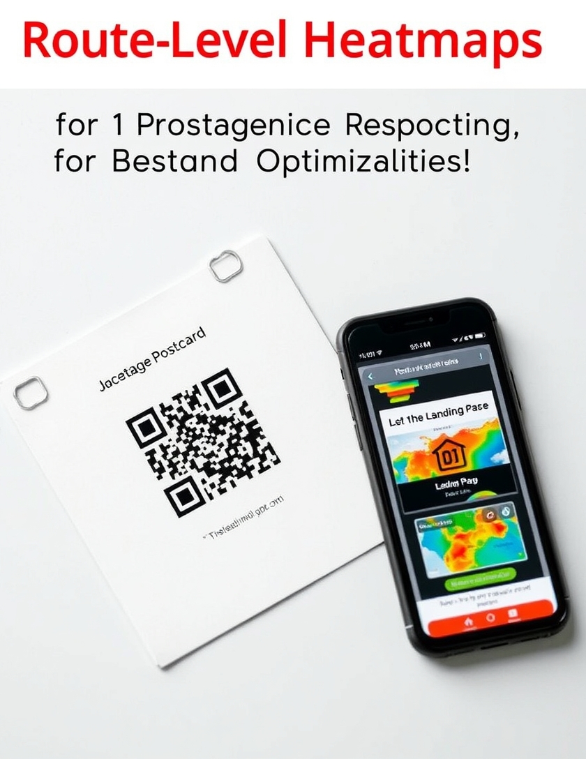 Route Level Heatmaps For Postcards for Better Postcard Reporting and Optimization: a postcard with a QR code beside a smartphone showing a landing page concept.