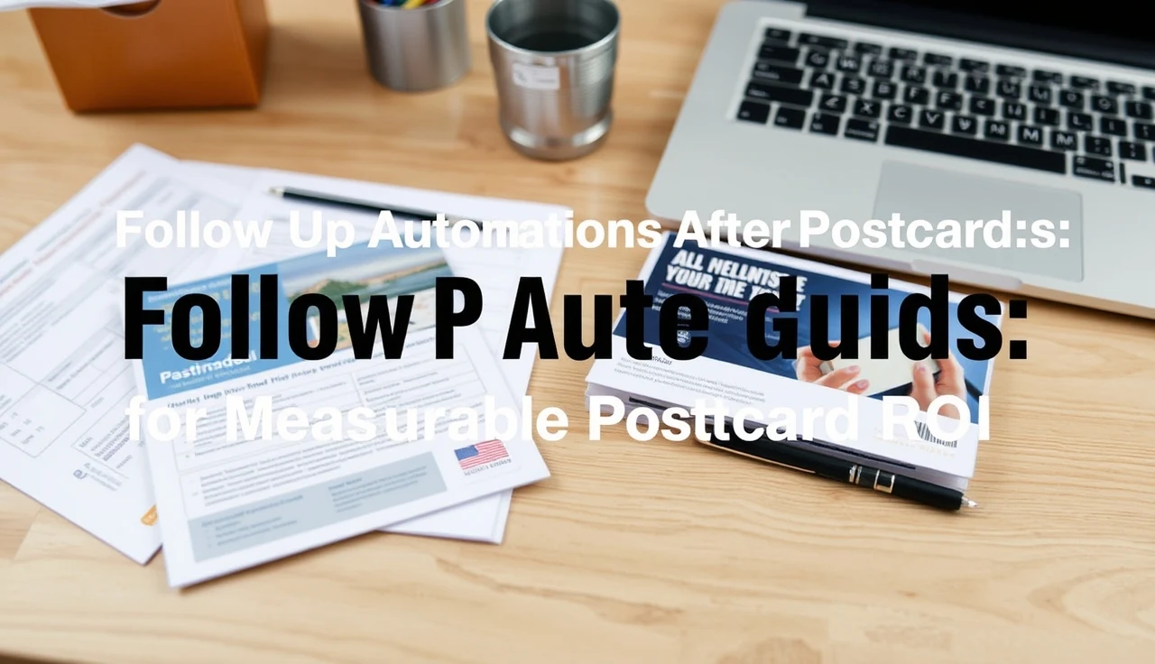 Follow Up Automation After Postcards: The Tracking Guide for Measurable Postcard ROI: campaign tracking notes beside a postcard sample and a laptop.