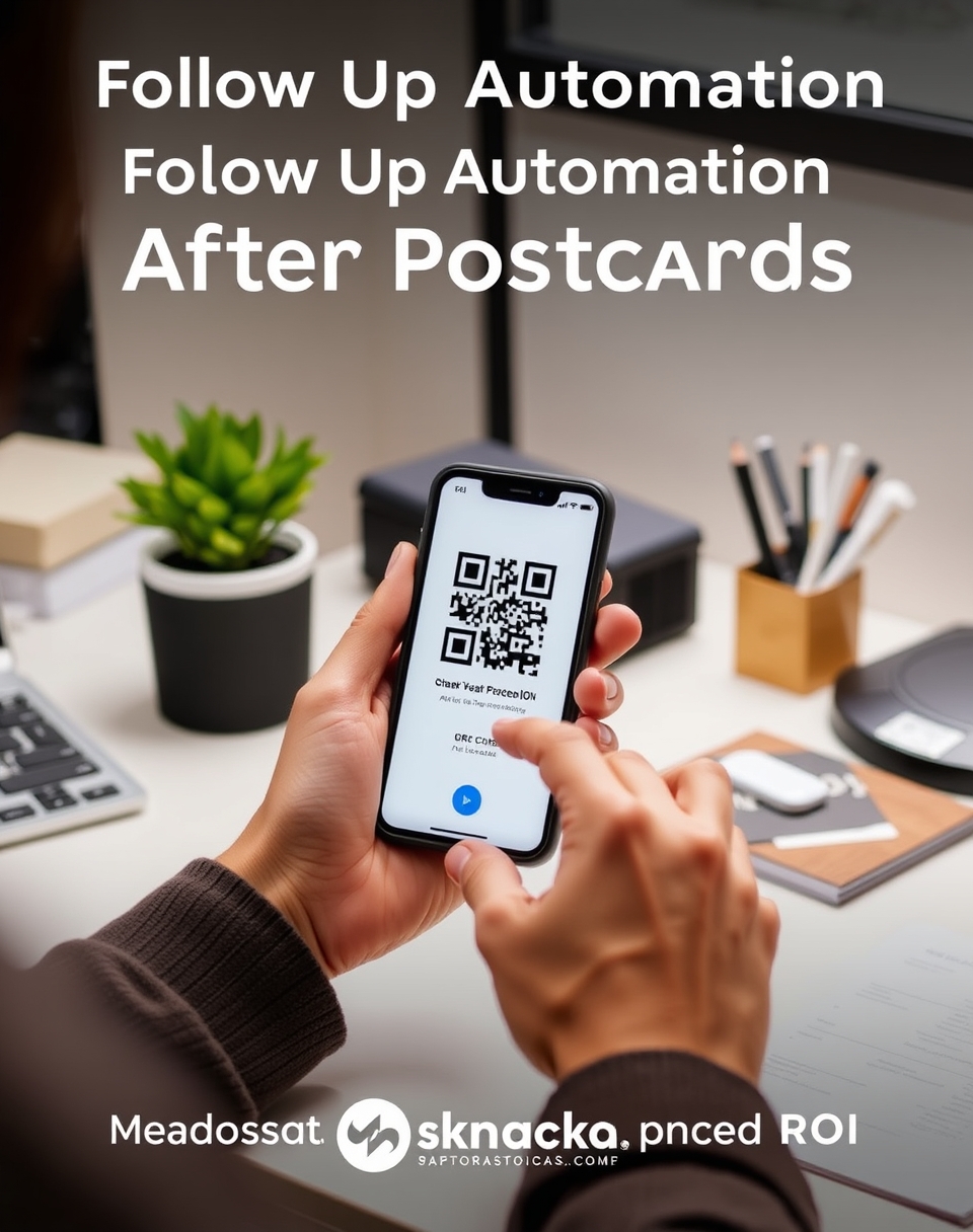 Follow Up Automation After Postcards: The Tracking Guide for Measurable Postcard ROI: a hand scanning a postcard QR code with a phone in a clean desk scene.