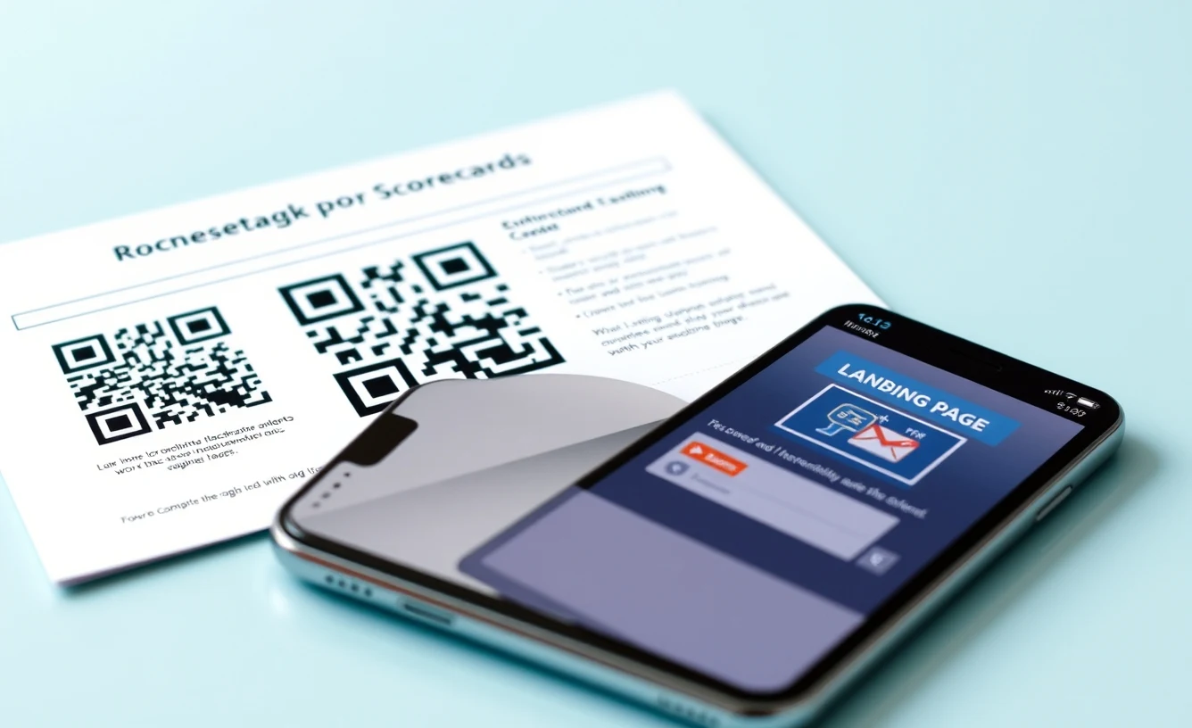 Benchmark Scorecards For Postcards for Better Postcard Reporting and Optimization: a postcard with a QR code beside a smartphone showing a landing page concept.