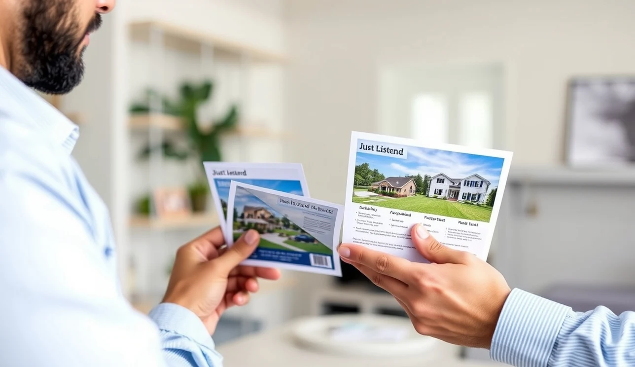 Just Listed Real Estate Postcards: A Real Estate Postcard Plan That Stands Out Locally: a real estate agent comparing postcard layouts for a neighborhood promotion.