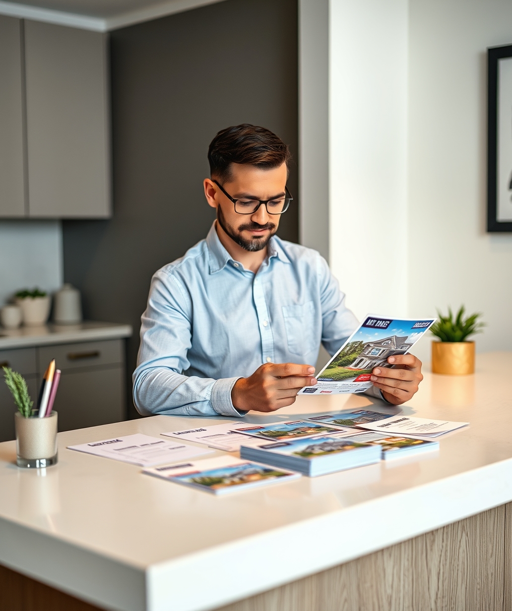 Just Listed Real Estate Postcards: A Real Estate Postcard Plan That Stands Out Locally: a real estate agent reviewing postcard samples on a clean counter with local campaign notes.