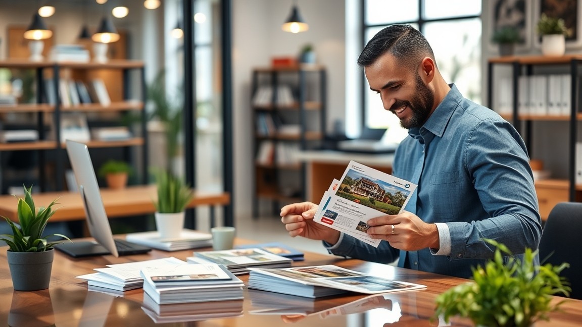 How to Build Farm Area Introduction Real Estate Postcards Without Looking Like Every Other Agent: a real estate agent arranging postcard samples near the business setting.