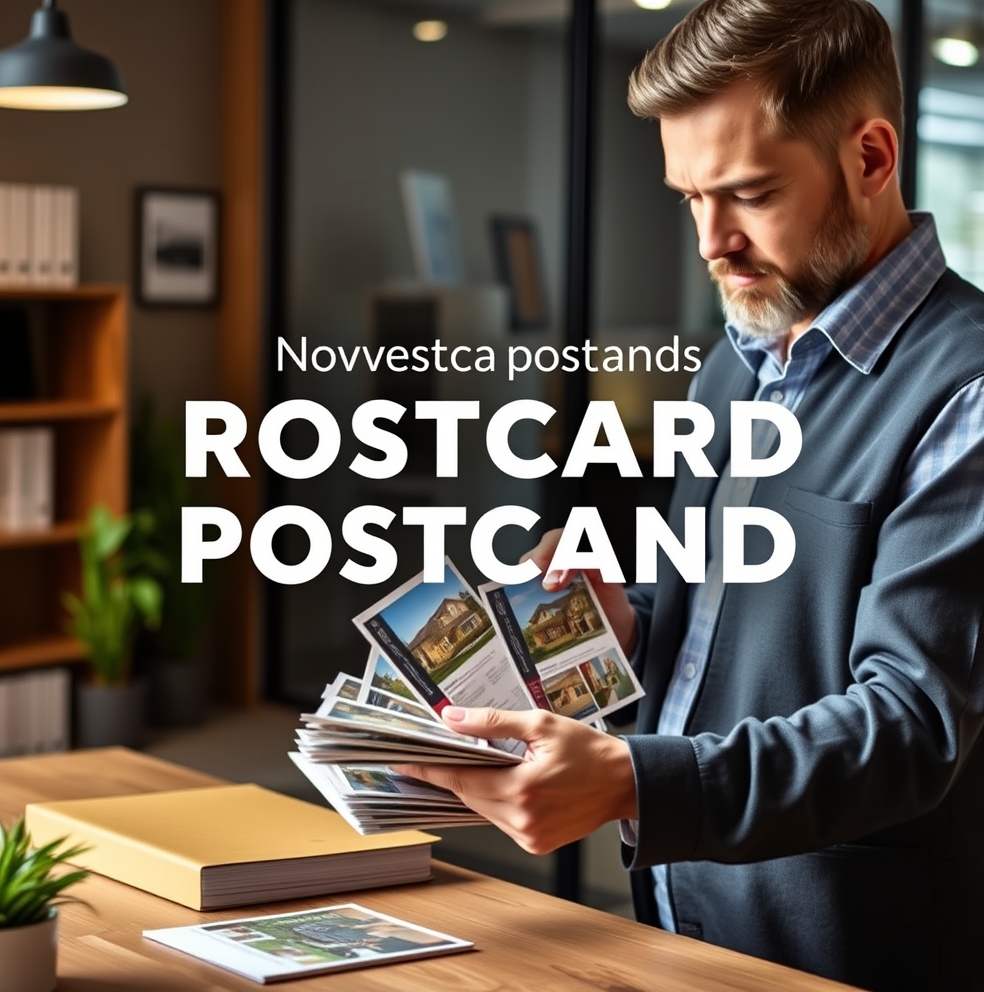 Investor Outreach Real Estate Postcards for Better Real Estate Visibility and Response: a real estate agent arranging postcard samples near the business setting.