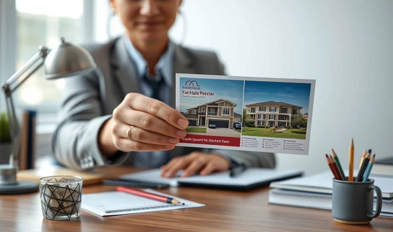 Absentee Owner Real Estate Postcards: A Real Estate Postcard Plan That Stands Out Locally: a real estate agent holding a postcard proof beside relevant business props on a desk.
