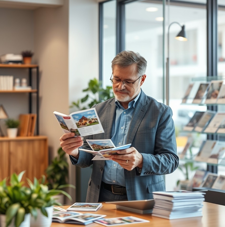 Absentee Owner Real Estate Postcards: A Real Estate Postcard Plan That Stands Out Locally: a real estate agent arranging postcard samples near the business setting.