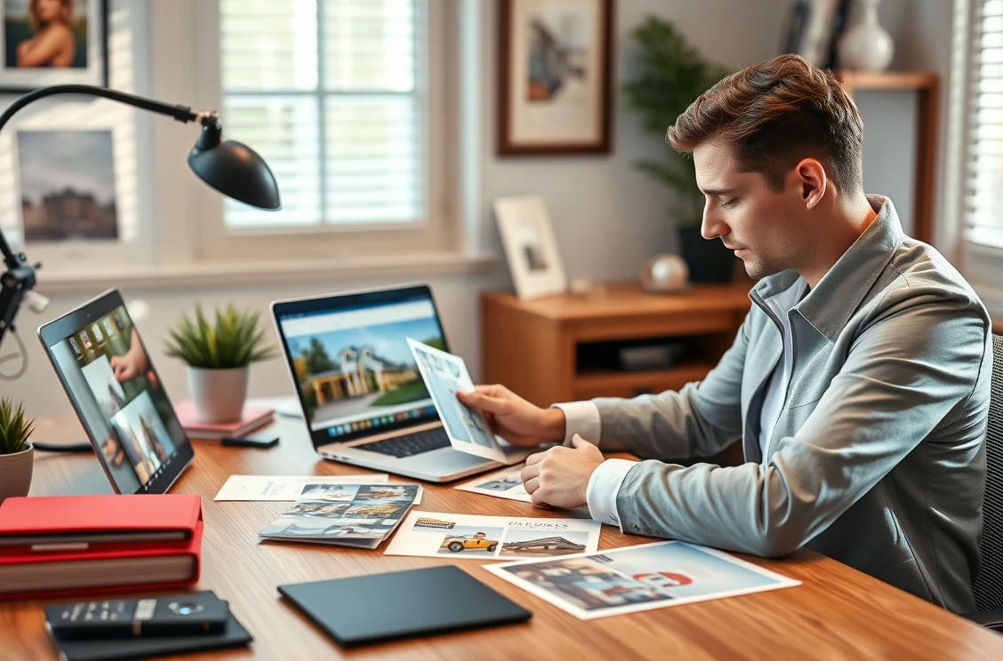 How to Build Luxury Listing Real Estate Postcards Without Looking Like Every Other Agent: a real estate agent planning a direct mail postcard at a workstation with a laptop and sample cards.