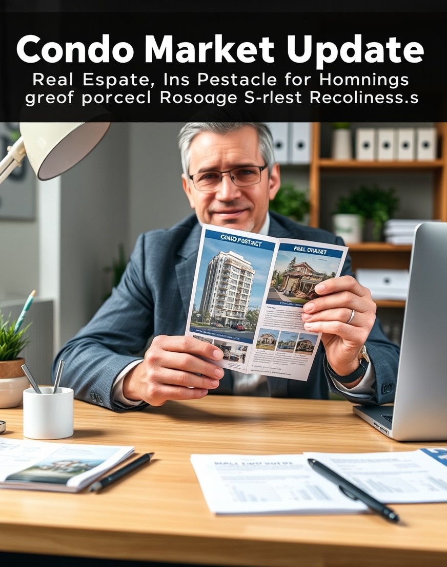 Condo Market Update Real Estate Postcards for Better Real Estate Visibility and Response: a real estate agent holding a postcard proof beside relevant business props on a desk.