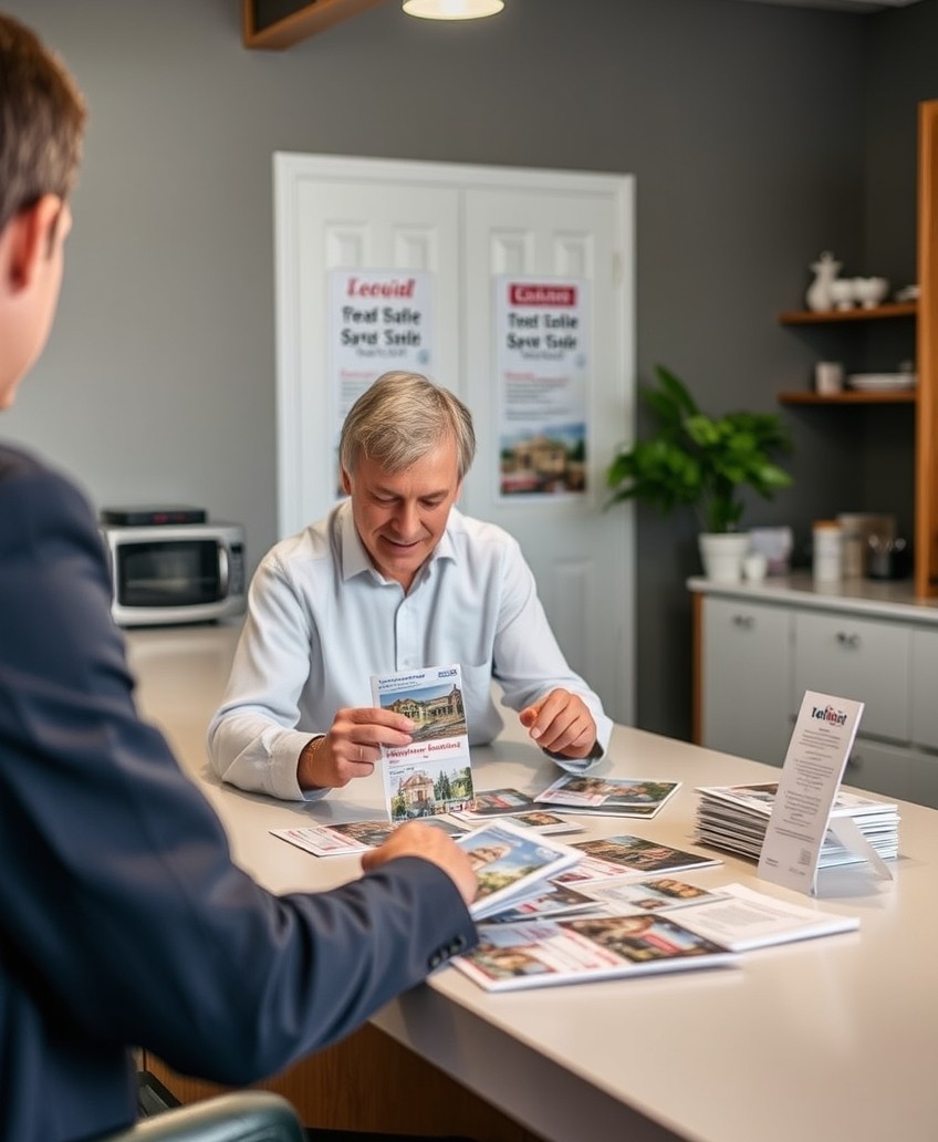 Home Valuation Real Estate Postcards: A Real Estate Postcard Plan That Stands Out Locally: a real estate agent reviewing postcard samples on a clean counter with local campaign notes.