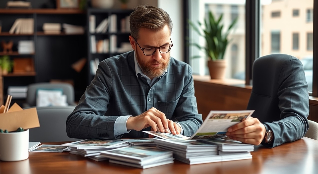 How to Build Seller Lead Real Estate Postcards Without Looking Like Every Other Agent: a real estate agent arranging postcard samples near the business setting.