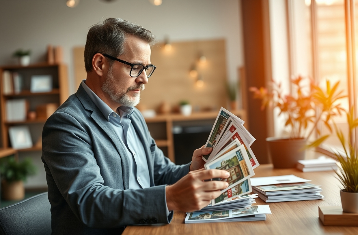Buyer Agent Introduction Real Estate Postcards for Better Real Estate Visibility and Response: a real estate agent arranging postcard samples near the business setting.