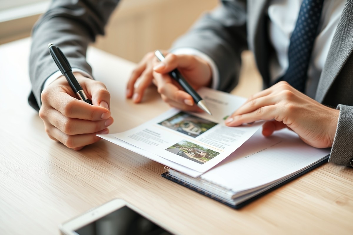 Circle Prospecting Real Estate Postcards: A Real Estate Postcard Plan That Stands Out Locally: a real estate agent checking a postcard mockup with a pen and paper notes.