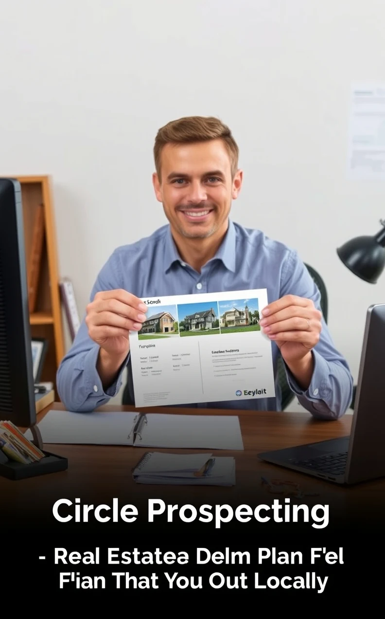 Circle Prospecting Real Estate Postcards: A Real Estate Postcard Plan That Stands Out Locally: a real estate agent holding a postcard proof beside relevant business props on a desk.