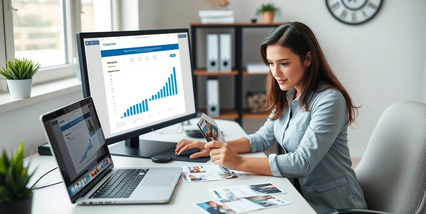 How to Build Neighborhood Stats Real Estate Postcards Without Looking Like Every Other Agent: a real estate agent planning a direct mail postcard at a workstation with a laptop and sample cards.