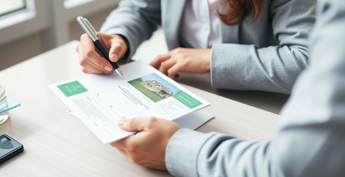 Seasonal Maintenance Tip Real Estate Postcards for Better Real Estate Visibility and Response: a real estate agent checking a postcard mockup with a pen and paper notes.