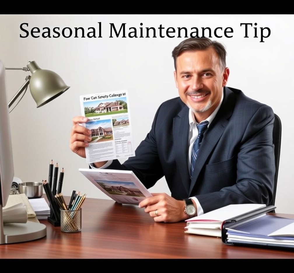 Seasonal Maintenance Tip Real Estate Postcards for Better Real Estate Visibility and Response: a real estate agent holding a postcard proof beside relevant business props on a desk.