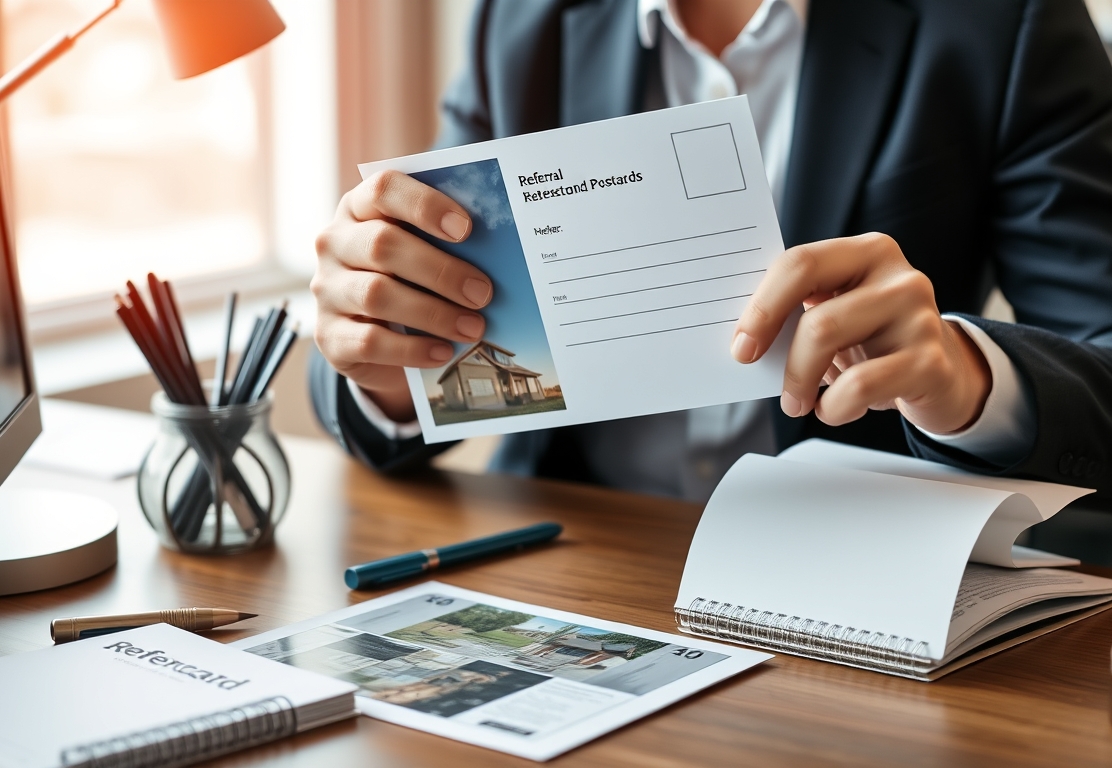 Referral Request Real Estate Postcards: A Real Estate Postcard Plan That Stands Out Locally: a real estate agent holding a postcard proof beside relevant business props on a desk.