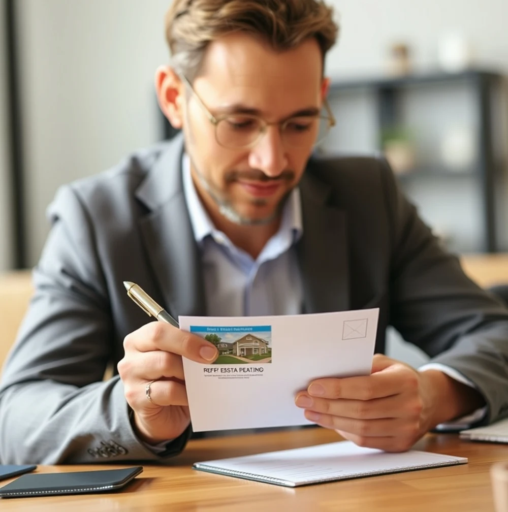 Referral Request Real Estate Postcards: A Real Estate Postcard Plan That Stands Out Locally: a real estate agent checking a postcard mockup with a pen and paper notes.