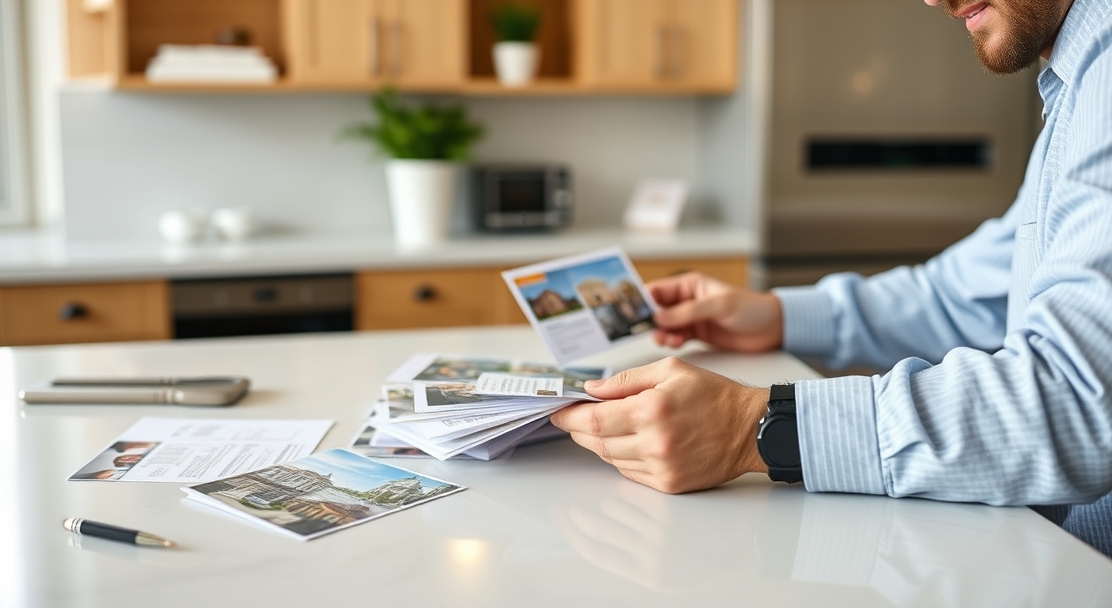 How to Build Past Client Reactivation Real Estate Postcards Without Looking Like Every Other Agent: a real estate agent reviewing postcard samples on a clean counter with local campaign notes.