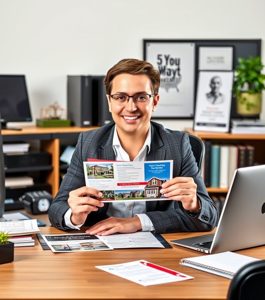 How to Build Past Client Reactivation Real Estate Postcards Without Looking Like Every Other Agent: a real estate agent holding a postcard proof beside relevant business props on a desk.