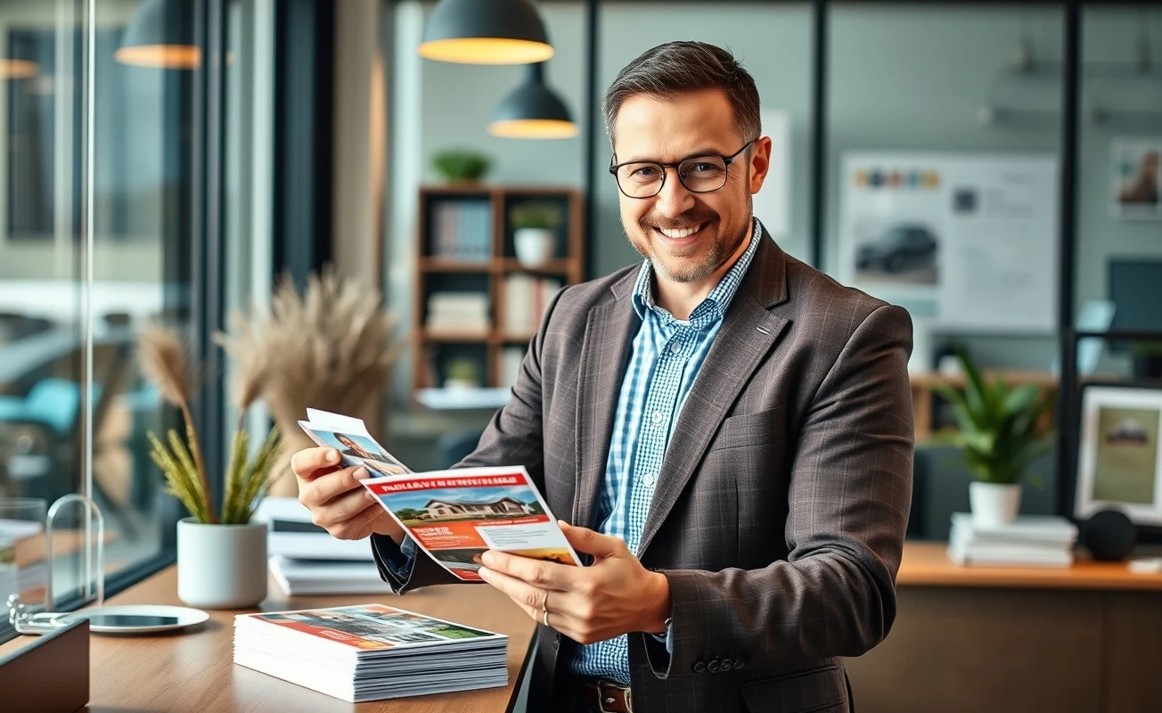 FSBO Outreach Real Estate Postcards for Better Real Estate Visibility and Response: a real estate agent arranging postcard samples near the business setting.