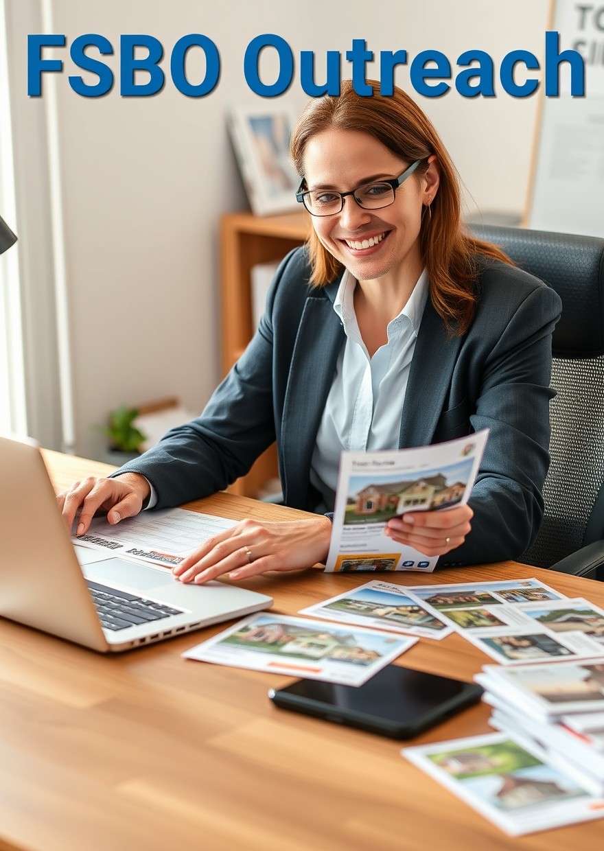 FSBO Outreach Real Estate Postcards for Better Real Estate Visibility and Response: a real estate agent planning a direct mail postcard at a workstation with a laptop and sample cards.