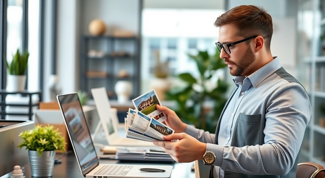 Expired Listing Real Estate Postcards: A Real Estate Postcard Plan That Stands Out Locally: a real estate agent arranging postcard samples near the business setting.