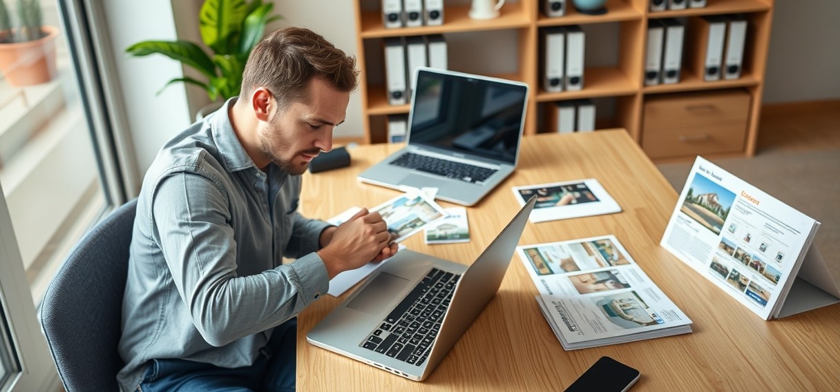 How to Build Landlord Outreach Real Estate Postcards Without Looking Like Every Other Agent: a real estate agent planning a direct mail postcard at a workstation with a laptop and sample cards.