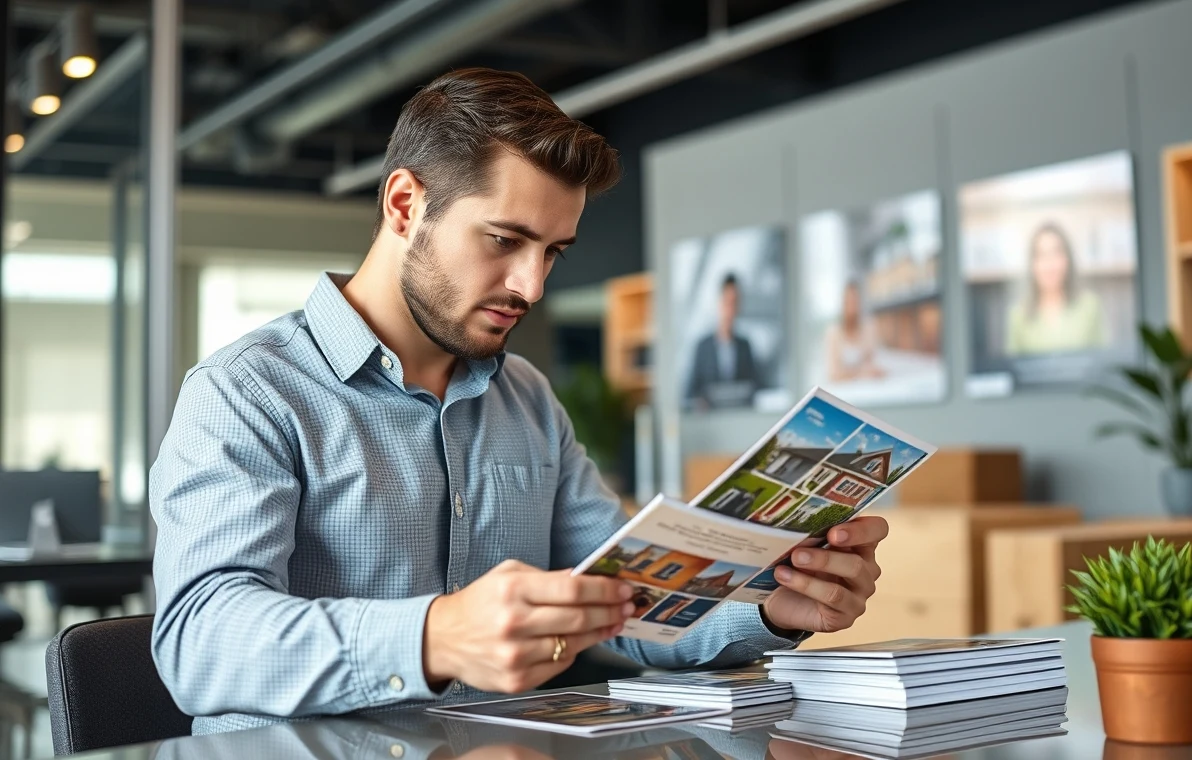 New Development Announcement Real Estate Postcards for Better Real Estate Visibility and Response: a real estate agent arranging postcard samples near the business setting.
