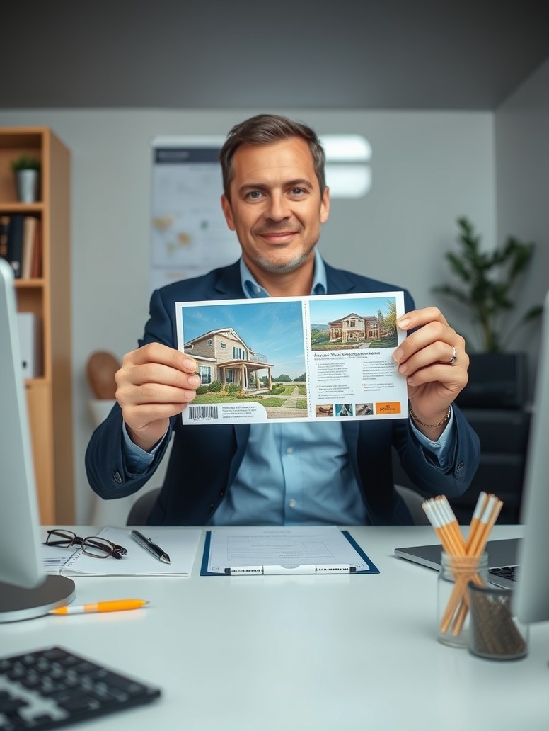 New Development Announcement Real Estate Postcards for Better Real Estate Visibility and Response: a real estate agent holding a postcard proof beside relevant business props on a desk.