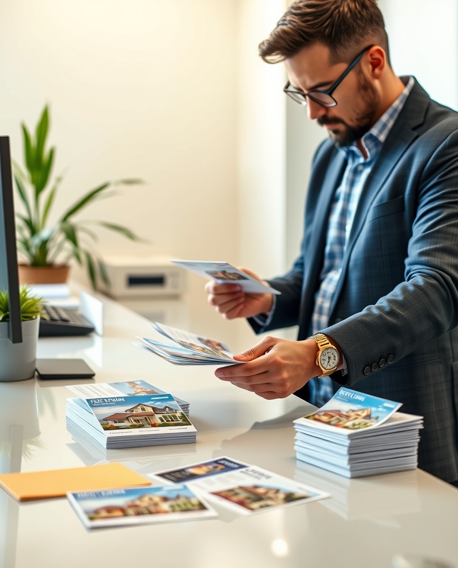 Mortgage Partner Co Branded Real Estate Postcards: A Real Estate Postcard Plan That Stands Out Locally: a real estate agent reviewing postcard samples on a clean counter with local campaign notes.