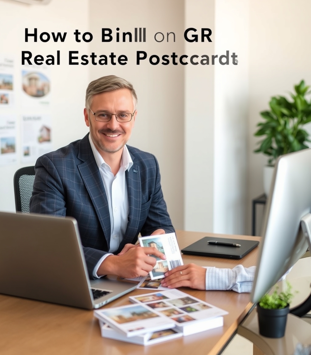 How to Build QR Home Tour Real Estate Postcards Without Looking Like Every Other Agent: a real estate agent planning a direct mail postcard at a workstation with a laptop and sample cards.
