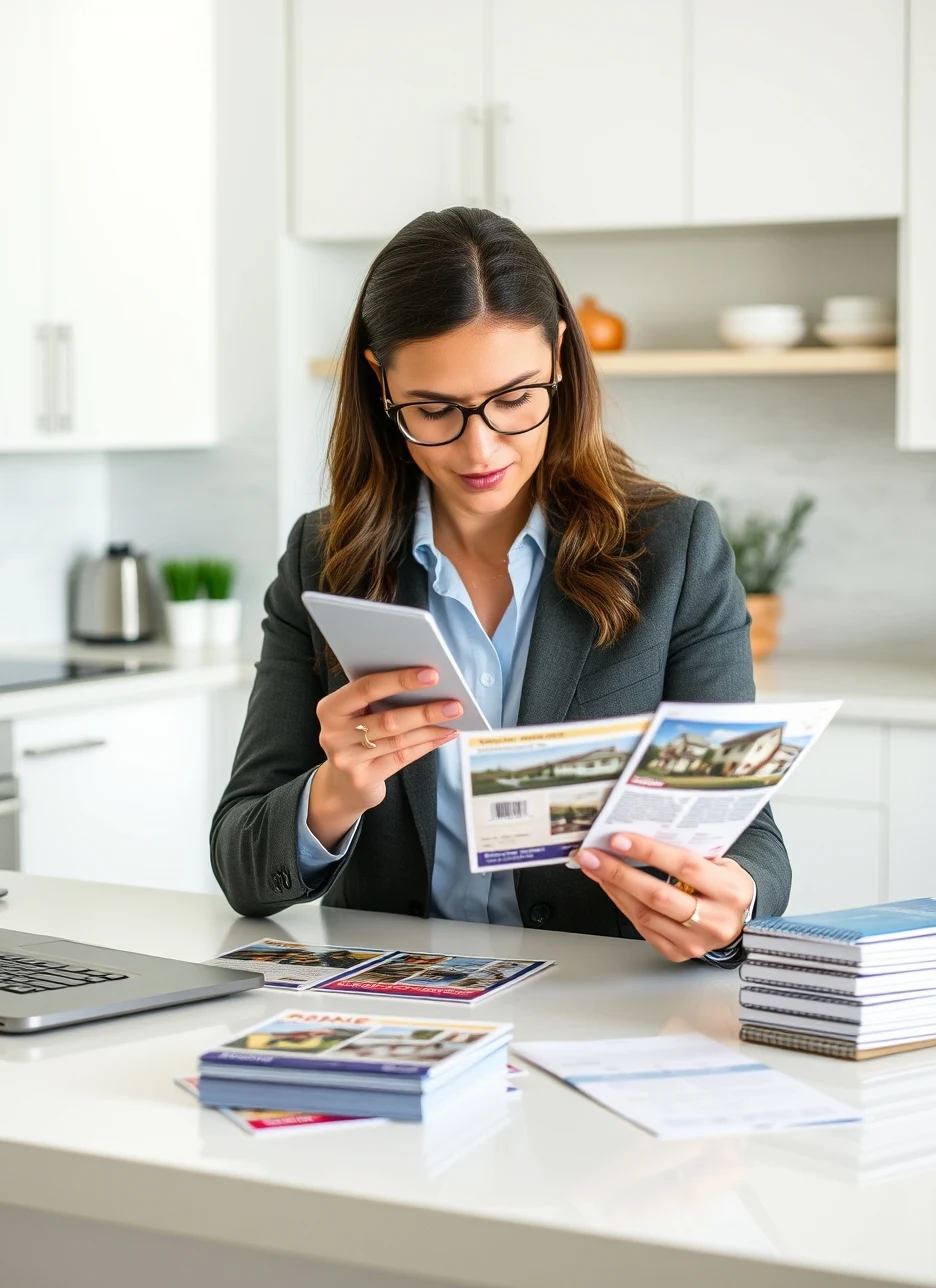Real Estate ROI Planning Real Estate Postcards: A Real Estate Postcard Plan That Stands Out Locally: a real estate agent reviewing postcard samples on a clean counter with local campaign notes.