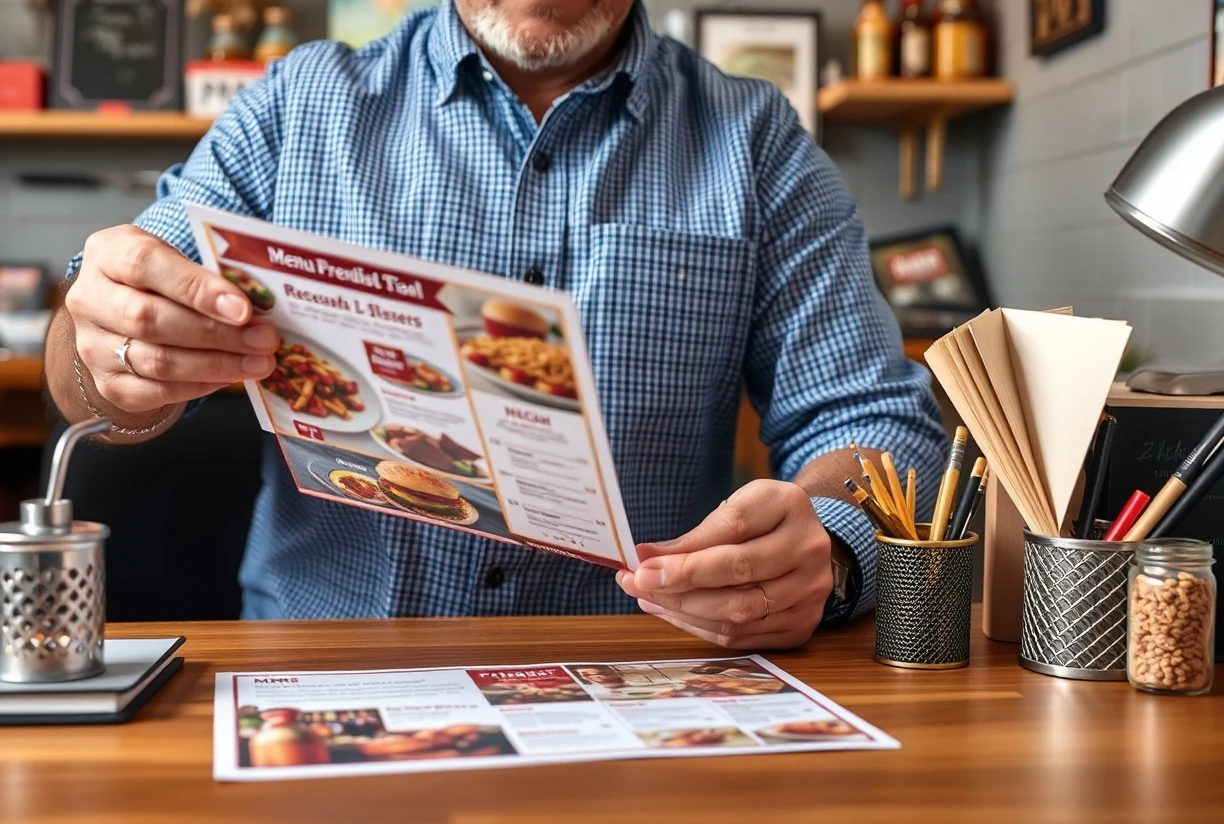 Restaurant Menu Promotion Postcards: A Local Business Postcard Plan That Actually Converts: a restaurant owner holding a postcard proof beside relevant business props on a desk.