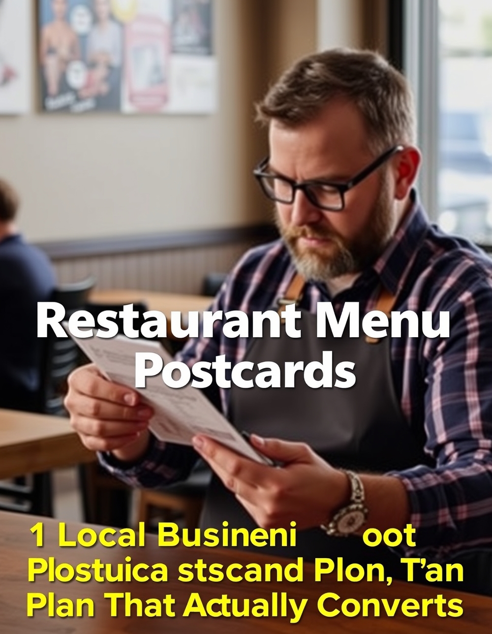 Restaurant Menu Promotion Postcards: A Local Business Postcard Plan That Actually Converts: a restaurant owner checking a postcard mockup with a pen and paper notes.