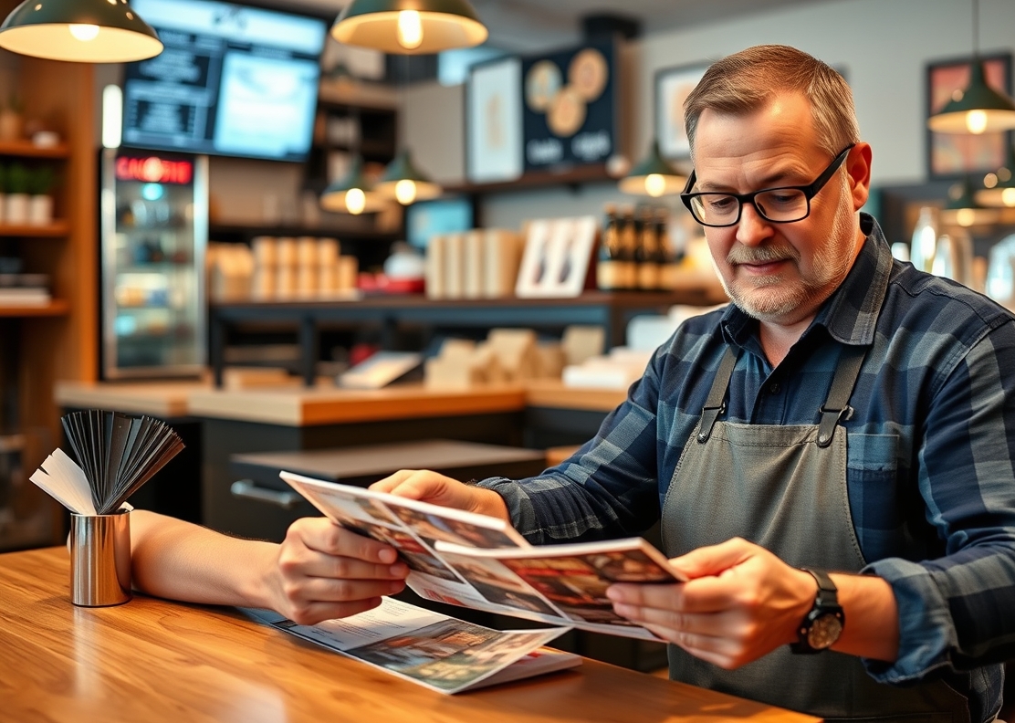 How to Use Retail Grand Opening Postcards for Better Nearby Customer Response: a restaurant owner comparing postcard layouts for a neighborhood promotion.