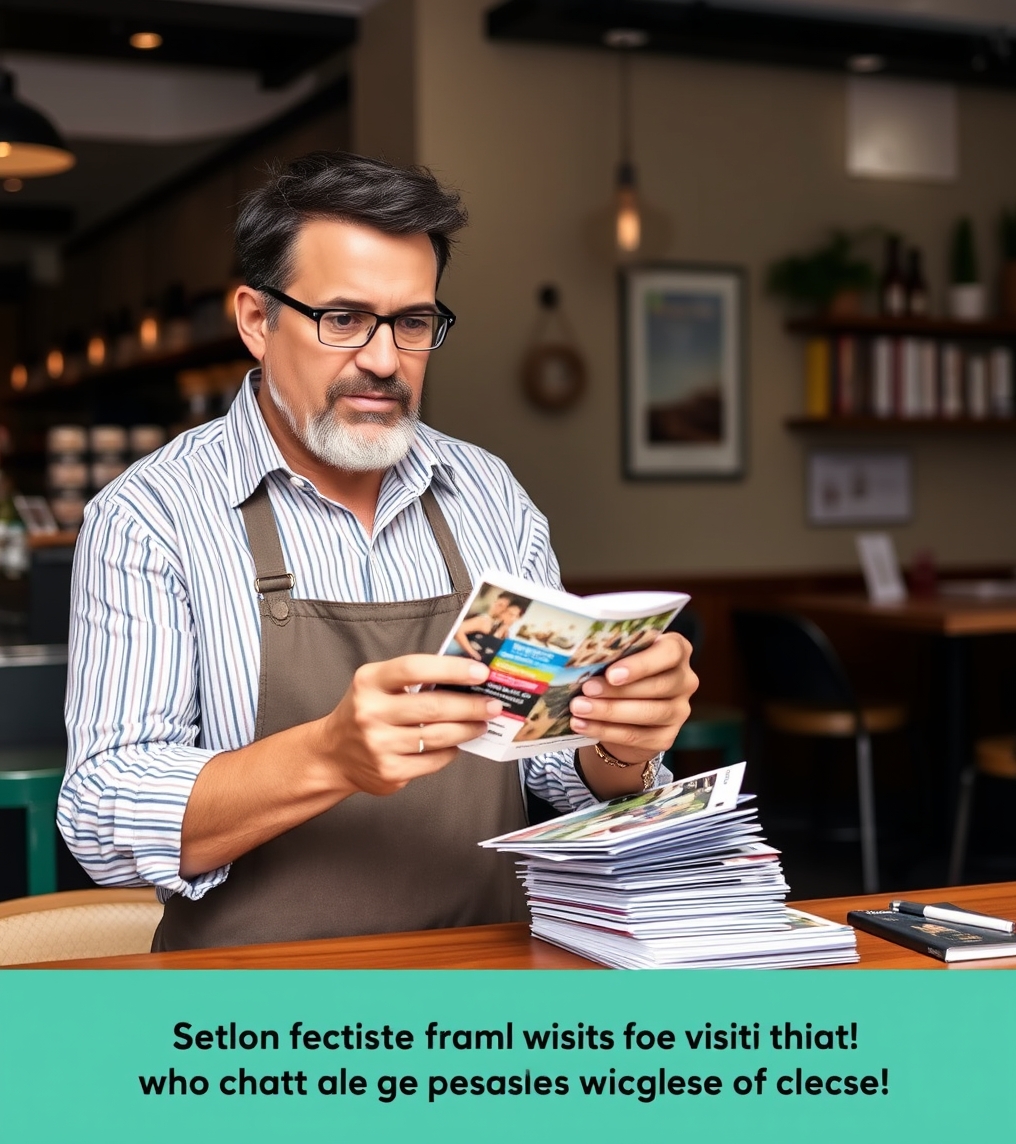 Salon First Visit Offer Postcards Without Wasting Space, Budget, or Offers: a restaurant owner arranging postcard samples near the business setting.