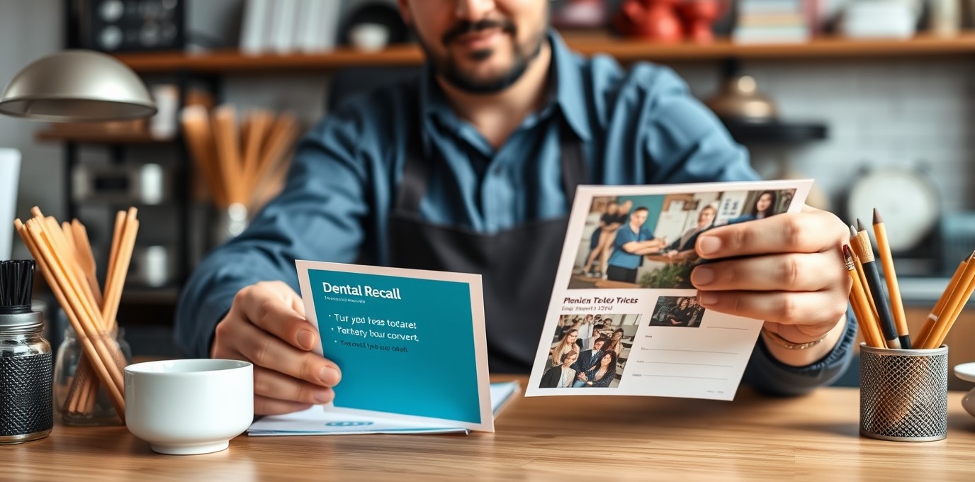 Dental Recall Postcards: A Local Business Postcard Plan That Actually Converts: a restaurant owner holding a postcard proof beside relevant business props on a desk.