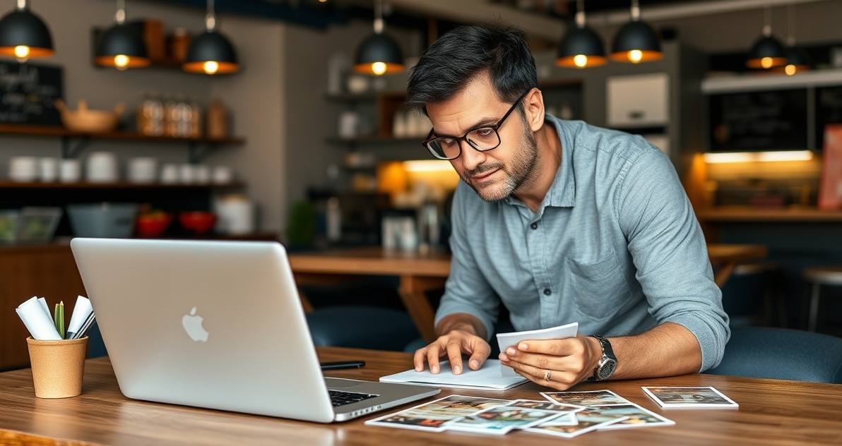 Dental Recall Postcards: A Local Business Postcard Plan That Actually Converts: a restaurant owner planning a direct mail postcard at a workstation with a laptop and sample cards.