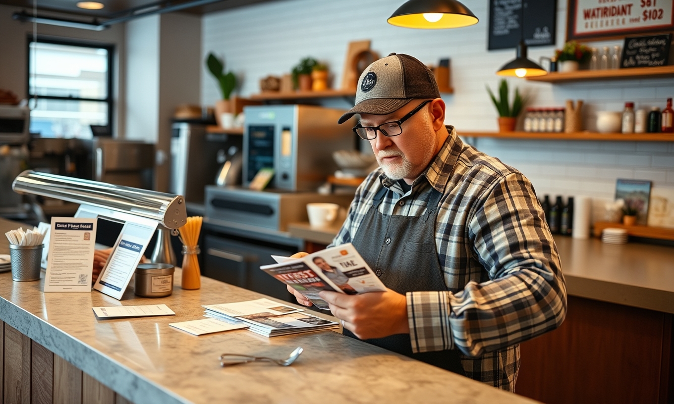 How to Use Chiropractic New Patient Postcards for Better Nearby Customer Response: a restaurant owner reviewing postcard samples on a clean counter with local campaign notes.