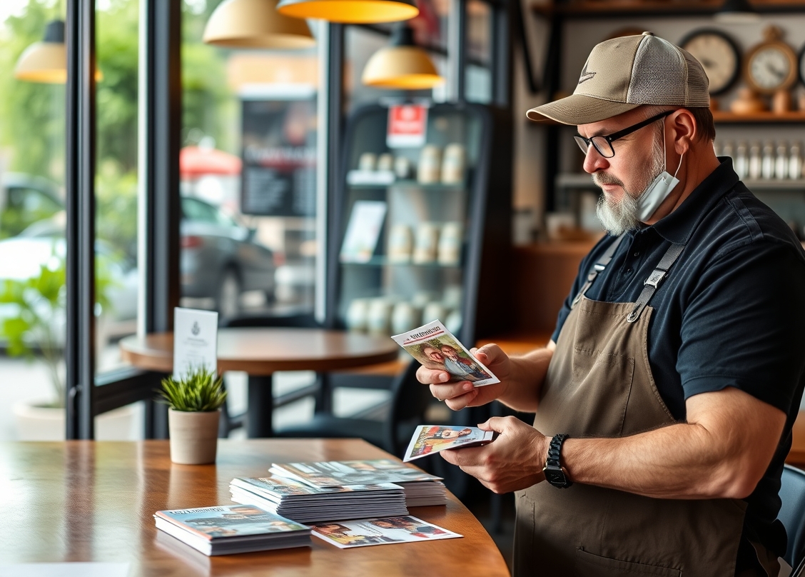 How to Use Chiropractic New Patient Postcards for Better Nearby Customer Response: a restaurant owner arranging postcard samples near the business setting.
