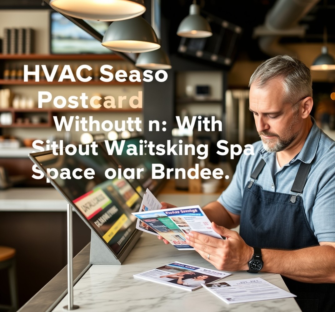 HVAC Seasonal Tune Up Postcards Without Wasting Space, Budget, or Offers: a restaurant owner reviewing postcard samples on a clean counter with local campaign notes.