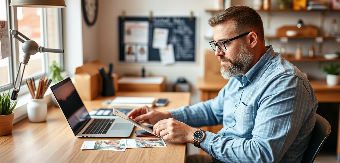 Plumbing Service Postcards: A Local Business Postcard Plan That Actually Converts: a restaurant owner planning a direct mail postcard at a workstation with a laptop and sample cards.
